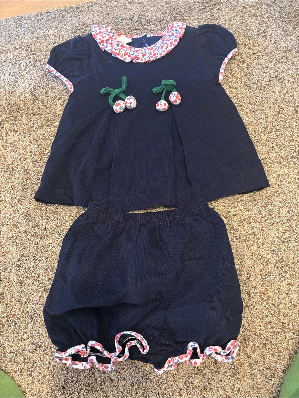 Navy Cherry-Accent Baby Dress & Bloomers Set